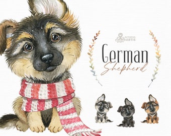 German Shepherd. Watercolor little pet clipart, portrait, puppy, doggie, baby, flowers, kids, nursery, dog, wreath, friend, gallery, scarf