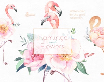 Flamingo & Flowers. Watercolor summer floral clipart, pink, rose gold, tropical, blossom, party, tropical, wedding, peony, lovely, bridal