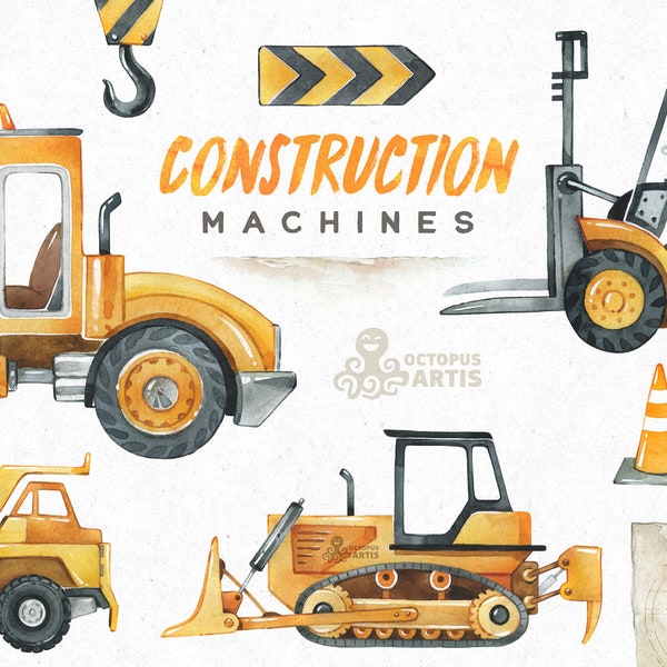 Construction Machines. Watercolor clipart, building, Forklift, Bulldozer, Heavy, Dump Truck, Drum Roller, Boys, Cars, equipment, vehicles