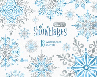 Sneeuwvlokken Zilver. 18 Aquarel afzonderlijke elementen, clipart, kerstmis, blauw, glitter, vakantie, kaart, diy, uitnodiging, sneeuw, winter, sneeuw