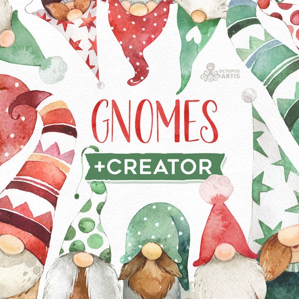 Gnomes + Creator. Watercolor holiday clipart, Nordic, Christmas, Winter, cards, nursery, art, Scandinavian, gnomies, dwarf, fun, customize