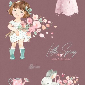 Little Spring. Mia & Bunny Watercolor clipart, girl, rabbit, banner kids flowers pink, delicate, baby shower, bouquet, cherry, sakura, boots image 5