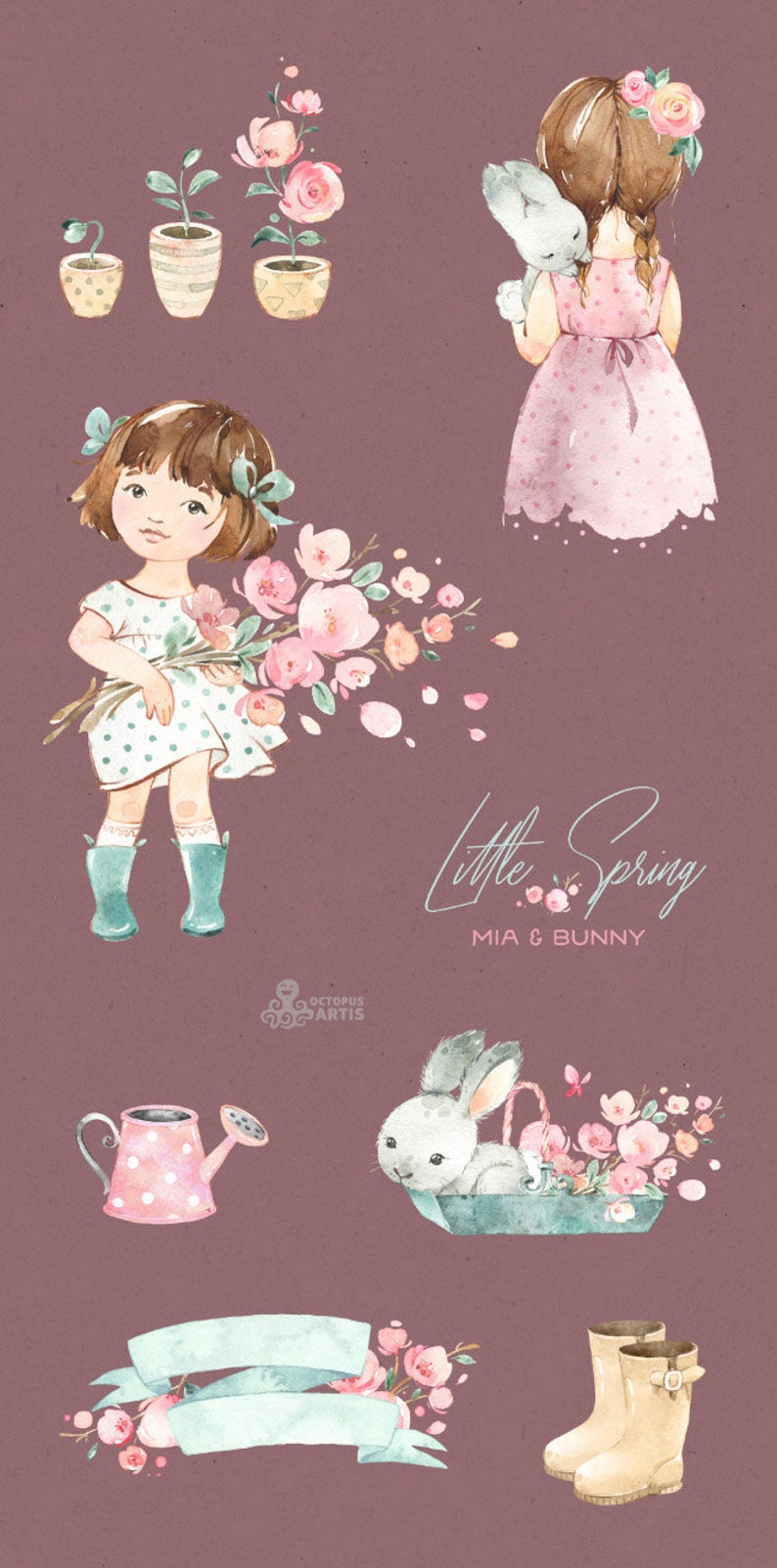 Little Spring. Mia & Bunny Watercolor clipart, girl, rabbit, banner kids flowers pink, delicate, baby shower, bouquet, cherry, sakura, boots imagem 5