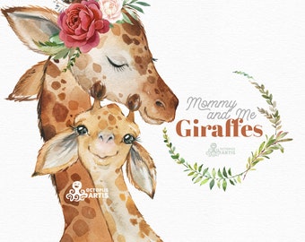 Giraffes. Mommy & Me. Watercolor animals clipart. African, wreath, flowers, kids, family, mother, nursery art, baby-shower, birthday, png