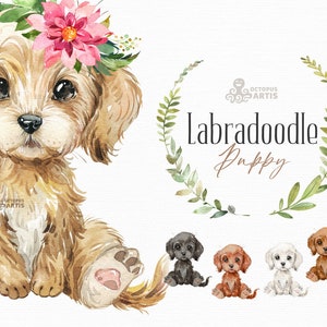 Labradoodle. Watercolor little animal clipart, portrait, puppy, doggie, baby, flowers, kids, nursery, dog, wreath, bowtie, cute, pet