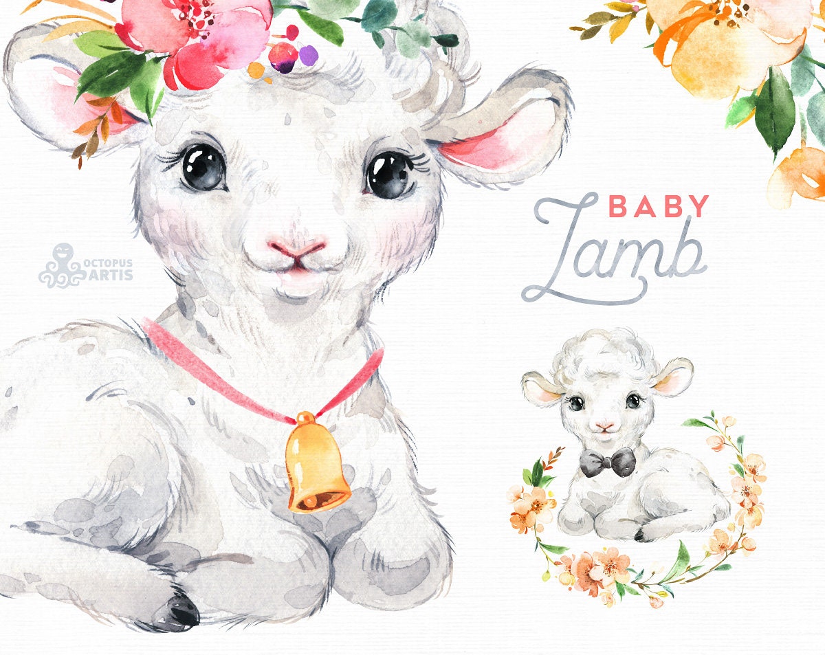 Digital Design Digital Files Watercolor Art| Cute Sheep with Flower Wreath File Instant Download