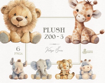 Plush Zoo 3 - Vintage. Animal clipart, elephant, lion, giraffe, rhino, birthday decor, watercolor safari, nursery art, toys png, baby shower