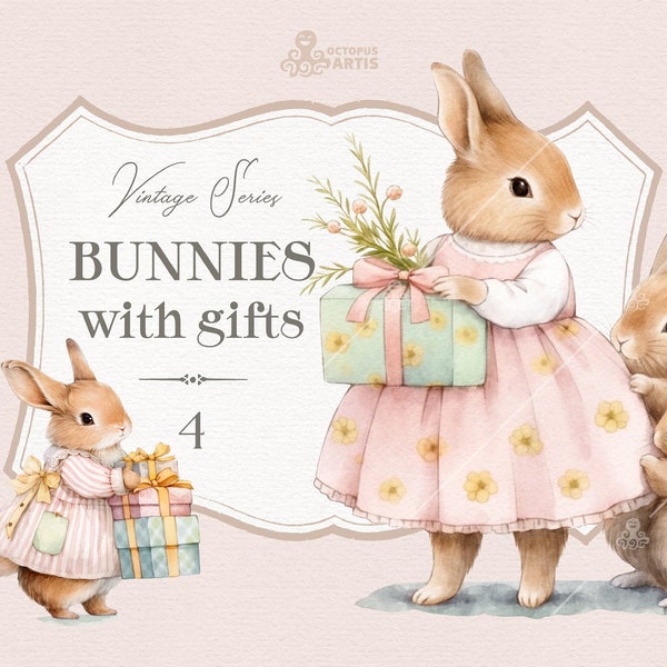 Conejitos con regalos - Vintage. Clipart de animales, primavera, Pascua, conejo peter, liebre, cumpleaños, flores, acuarela, país, vivero, png