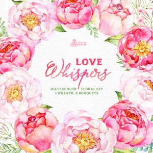 Love Whispers: 6 bouquets d’aquarelle et 1 couronne, clipart de fleurs, pivoine, invitation de mariage, carte de vœux, clipart de bricolage, fleurs, printemps