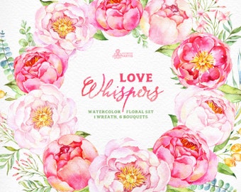 Love Whispers: 6 Watercolor Bouquets and 1 Wreath, flowers clipart, peony, wedding invitation, greeting card, diy clip art, flowers, spring
