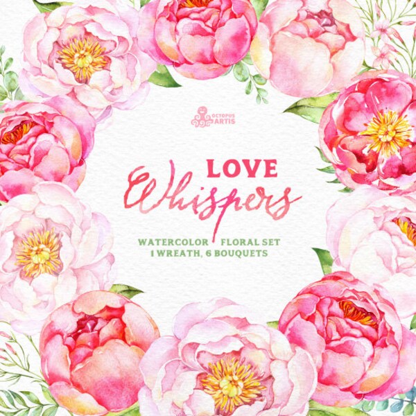 Love Whispers: 6 Watercolor Bouquets and 1 Wreath, flowers clipart, peony, wedding invitation, greeting card, diy clip art, flowers, spring