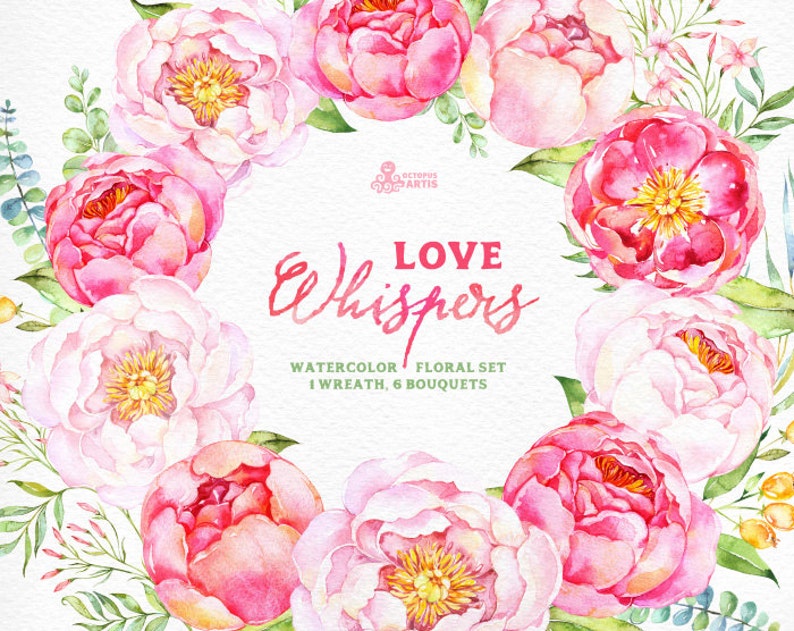 Love Whispers: 6 Watercolor Bouquets and 1 Wreath, flowers clipart, peony, wedding invitation, greeting card, diy clip art, flowers, spring image 1