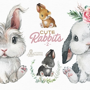 Cute Rabbits 2. Watercolor little animals and floral clipart, Spring, Easter, wreath, bunny, flowers, country, nursery art, baby shower