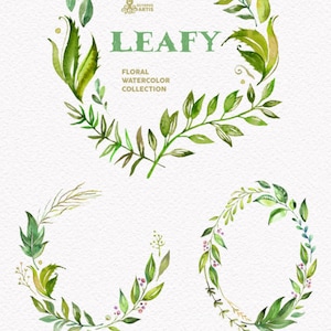 Leafy. Watercolor floral wreaths, branches, leaves, frames, wedding invitation, greeting card, diy clip art, green leaf image 2