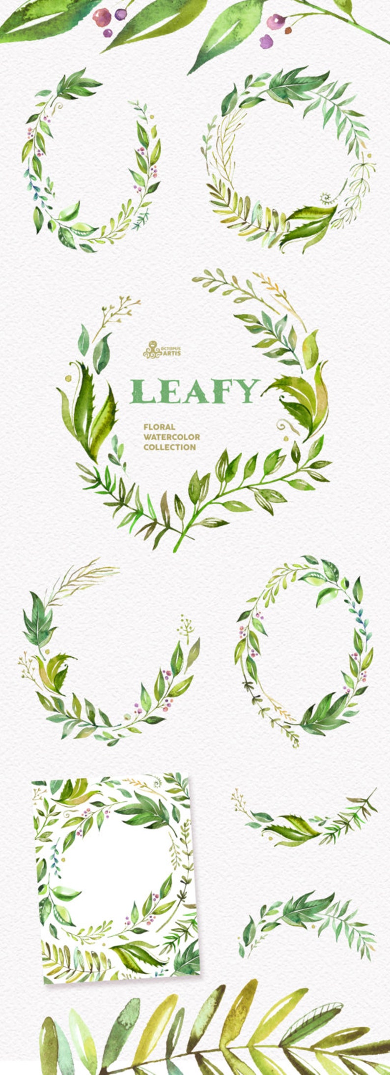 Leafy. Watercolor floral wreaths, branches, leaves, frames, wedding invitation, greeting card, diy clip art, green leaf image 2