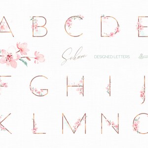 Sakura Letters. Watercolor floral alphabet clipart, monogram, rose gold, pink, delicate, wedding, bridal, logo, abc, cherry blossom, spring image 2
