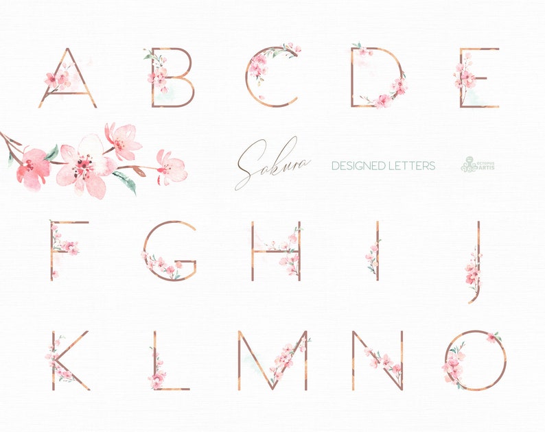 Sakura Letters. Watercolor floral alphabet clipart, monogram, rose gold, pink, delicate, wedding, bridal, logo, abc, cherry blossom, spring image 2