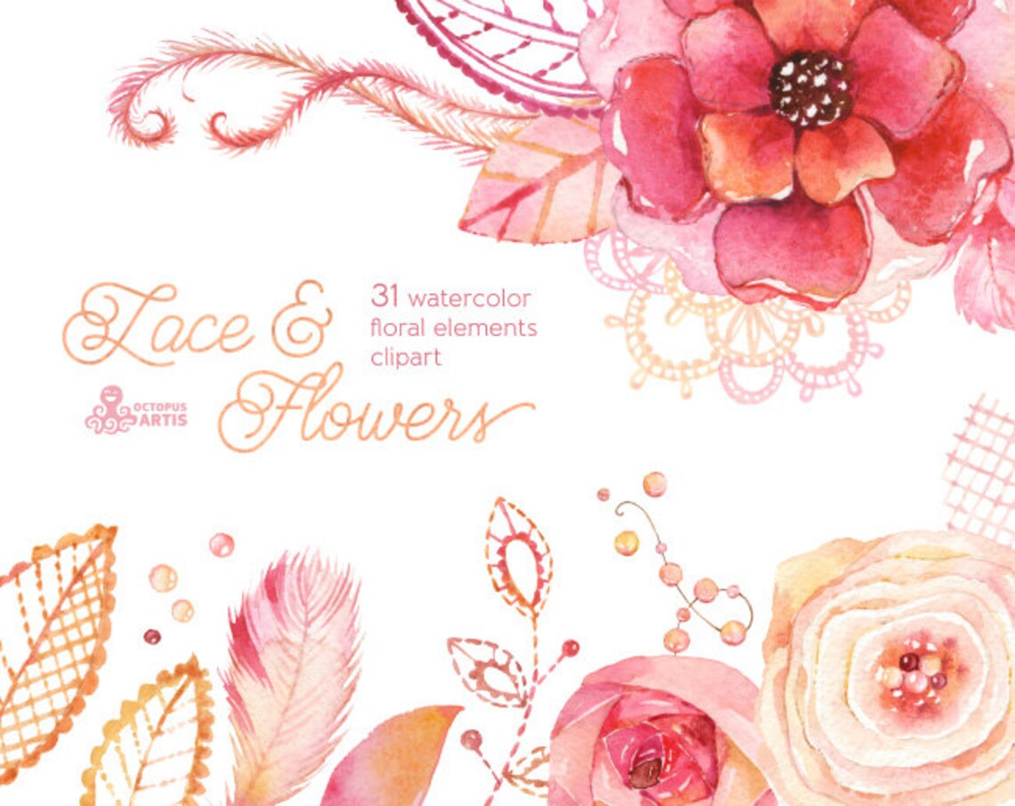 Lace & Flowers Watercolor Floral DIY Elements. Hand Painted Etsy