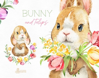 Bunny & Tulips. Watercolor little animals and floral clipart, Flowers, Easter, wreath, spring, forest, cute, rabbit, nursery, baby shower