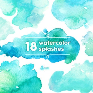 Watercolor Splashes Clipart: 18 Digital files. Hand painted, brush strokes, splodge, pools, splotch, abstract watercolour, background mint image 1