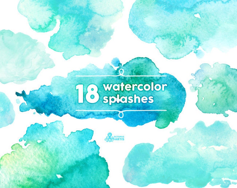 Watercolor Splashes Clipart: 18 Digital files. Hand painted, brush strokes, splodge, pools, splotch, abstract watercolour, background mint image 1