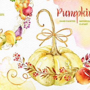 Pumpkins. Clipart: watercolor wreath, bouquets, fall leaves, squash, halloween, autumn, harvest, swirls, Thanksgiving, invite, greeting, diy