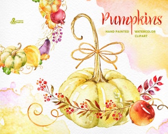 Pumpkins. Clipart: watercolor wreath, bouquets, fall leaves, squash, halloween, autumn, harvest, swirls, Thanksgiving, invite, greeting, diy