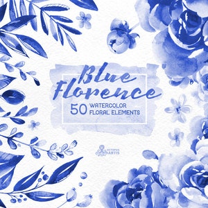 Blue Florence. 50 Watercolor floral Elements, clipart, peonies, floral wedding invite, greeting card, diy clip art, delft blue, christmas image 1