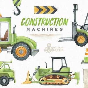Construction Machines Green. Watercolor clipart, building, Forklift, Bulldozer, Heavy, Dump Truck, Drum Roller, Boys, equipment, vehicles