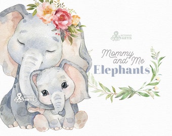 Elephants. Mommy & Me. Watercolor animals clipart. African, wreath, flowers, kids, family, mother, nursery art, baby-shower, birthday, png