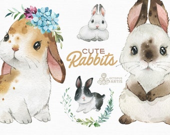 Cute Rabbits. Watercolor little animals and floral clipart, Spring, Easter, wreath, bunny, cute, flowers, country, nursery art, baby shower