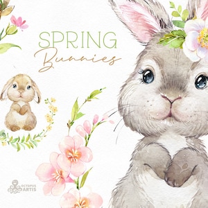 Spring Bunnies. Watercolor little animals and floral clipart, Easter, rabbit, forest, cute, png, country, flowers, bunny, sublimation