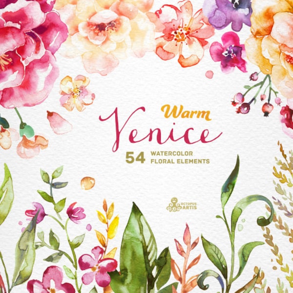 Venise chaude. 54 Aquarelle Éléments floraux, coquelicots, roses, invitation de mariage, jaune, carte de vœux, clipart DIY, fleurs, clipart