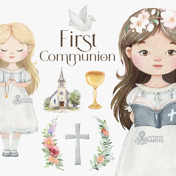 First Communion. Watercolor clipart, little girl, church, holy, flowers, cross, invitation, decor, png, pray, sacrament, Bible, white dress