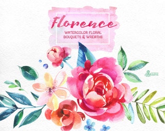 Florence. Watercolor Bouquets and Wreaths, hand painted clipart, peonies, floral wedding invite, pink, greeting card, diy clip art, flowers