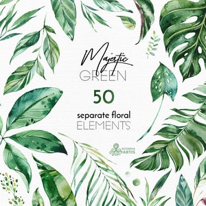 Majestic Green. 50 Individual Floral Elements. Watercolor clipart, leaves, tropical, leaf, greenery, palm, green, wild, wedding, bridal, png image 1