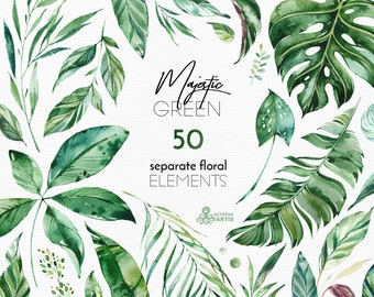 Majestic Green. 50 Individual Floral Elements. Watercolor clipart, leaves, tropical, leaf, greenery, palm, green, wild, wedding, bridal, png