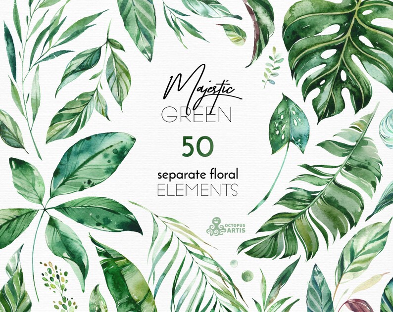 Majestic Green. 50 Individual Floral Elements. Watercolor clipart, leaves, tropical, leaf, greenery, palm, green, wild, wedding, bridal, png image 1