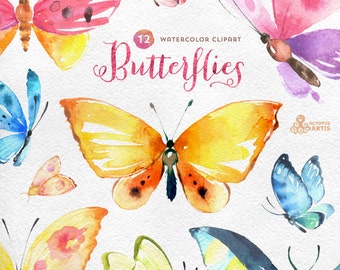 Butterflies Watercolour: 12 Separate hand painted clipart, diy elements, invitation, wedding, greetings, flowers, wings, digital butterfly