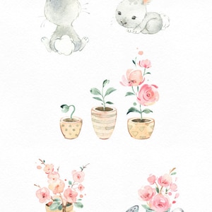 Little Spring. Mia & Bunny Watercolor clipart, girl, rabbit, banner kids flowers pink, delicate, baby shower, bouquet, cherry, sakura, boots imagem 3