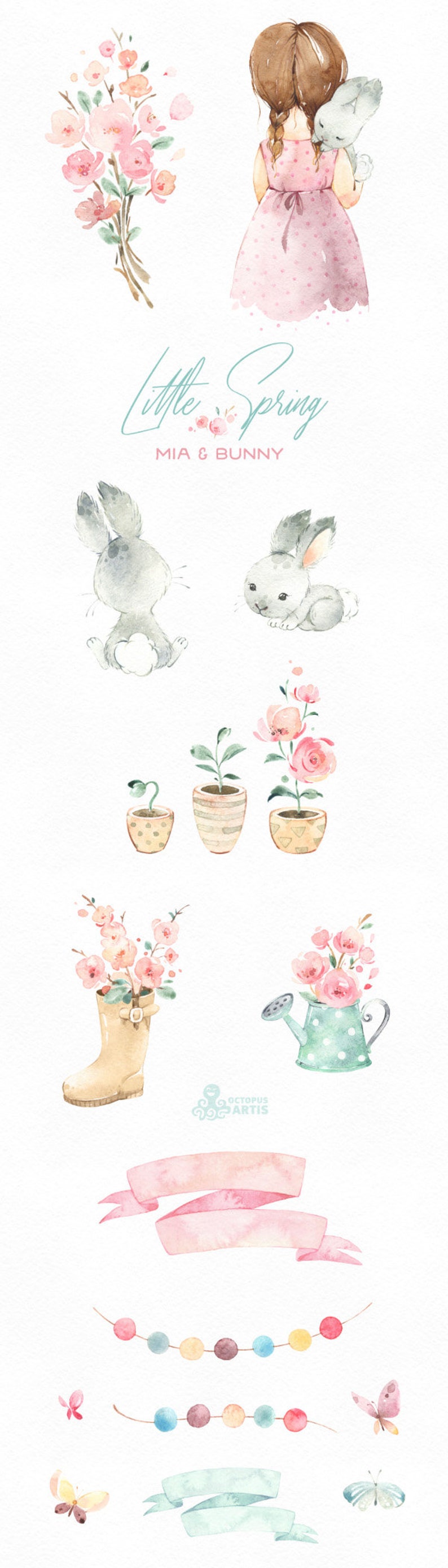 Little Spring. Mia & Bunny Watercolor clipart, girl, rabbit, banner kids flowers pink, delicate, baby shower, bouquet, cherry, sakura, boots imagem 3