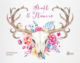 Skull & Flowers. Watercolor skulls with antlers and flowers, hand painted, peonies, floral, invite, tribal, diy, flowers, boho deer