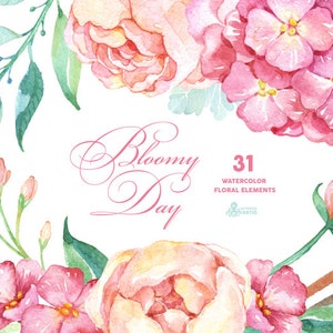Bloomy Day: 31 Floral Elements, hydrangea, peonies, watercolor flowers, wedding invitation, greeting card, diy clip art, mint and pink