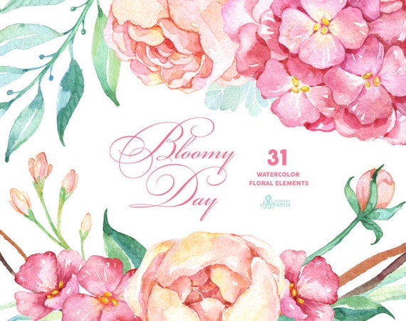 Bloomy Day: 31 Floral Elements, hydrangea, peonies, watercolor flowers,  wedding invitation, greeting card, diy clip art, mint and pink
