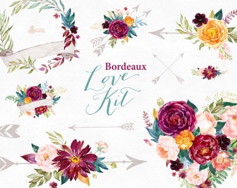 Bordeaux. Love Kit. Watercolor arrangements, arrows, heart, banner, clipart, burgundy, maroon, bridal, wedding, flowers, peony, marsala, png