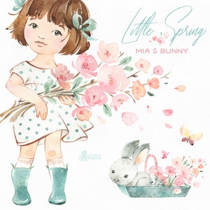 Little Spring. Mia & Bunny Watercolor clipart, girl, rabbit, banner kids flowers pink, delicate, baby shower, bouquet, cherry, sakura, boots