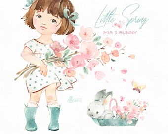 Little Spring. Mia & Bunny Watercolor clipart, girl, rabbit, banner kids flowers pink, delicate, baby shower, bouquet, cherry, sakura, boots