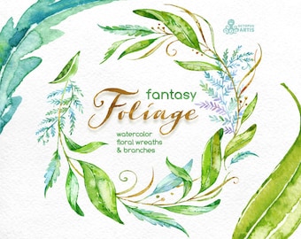 Fantasy Foliage. Watercolor floral wreaths, branches, leaves, wedding invitation, greeting card, diy clip art, green leaf, greenery, leafage