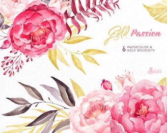 Gold Passion 6 Bouquets, Watercolor hand painted clipart, peonies, floral wedding invite, pink, greeting card, diy art, flowers, glitter