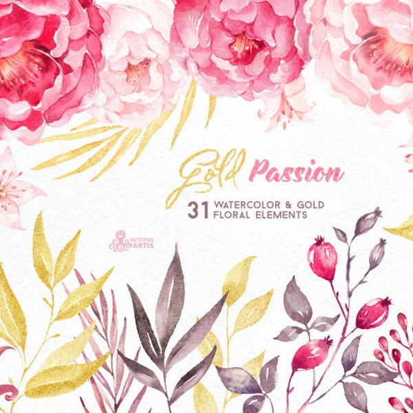 Gold Passion: 31 Floral Elements, watercolor hand painted clipart, peonies, floral wedding invite, pink, greeting, diy art, flowers, glitter